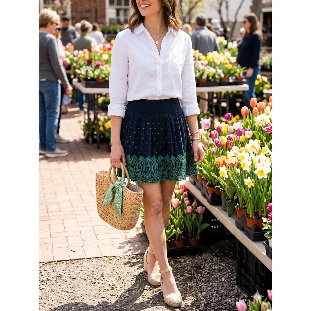 J. Crew Smocked Waist Gauzy Navy Skirt Green Embroidery Medium